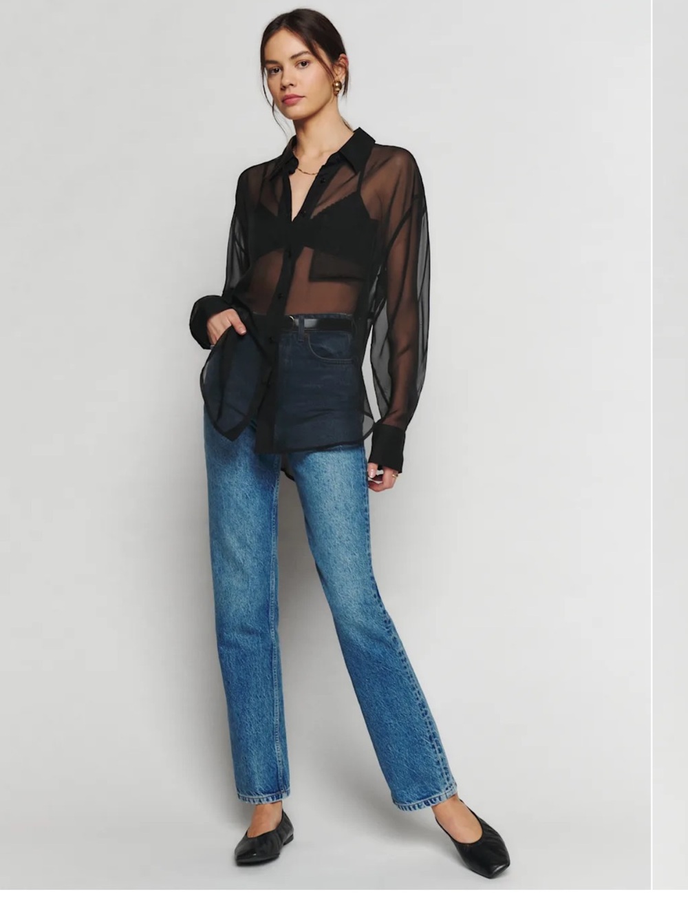 Reformation Will Oversized Sheer Shirt in black, XS
